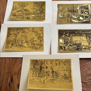 Vintage Nautical Art Prints lot etched gold Lionel Barrymore Nantucket, set of 5